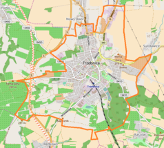 Mapa konturowa Trzebnicy, blisko centrum na prawo znajduje się punkt z opisem „Sanktuarium św. Jadwigi w Trzebnicy”