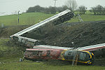 The derailed Virgin Pendolino unit 390 033 "City of Glasgow" after the Grayrigg derailment