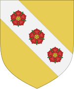 Riedenburg: Or, on a bend argent three roses gules