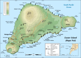 Map of Rapa Nui showing major ahus with moai. Rano Raraku and Ahu Tongariki are on the southern coast near Poike at the eastern end of the island.