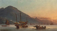 Junks, sampans and western shipping lying off Hong Kong at dusk