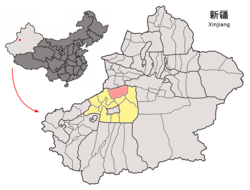 Location of Baicheng County (red) in Aksu Prefecture (yellow) and Xinjiang