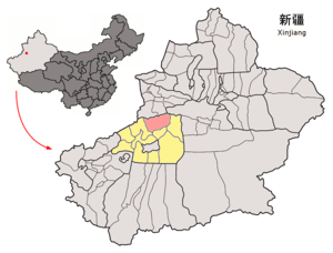 Bay İlçesi'nin Sincan Uygur Özerk Bölgesideki konumu (pembe)