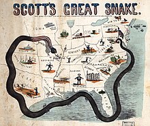 A cartoon map of the South surrounded by a snake.