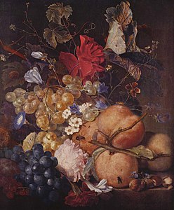 Også Stillebenmaleriet i barokken ble preget av trompe-l´oeil med bugnende blomster, råtnende frukt og surrende fluer i virkelig størrelse. Her et blomstermotiv fra 1735 av Jan van Huysum (1689-1749)