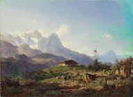 Alpenlandschaft mit Hirtin und Vieh, Öl auf Leinwand, 1854