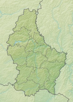 Mapa konturowa Luksemburga, na dole nieco na lewo znajduje się punkt z opisem „ujście”