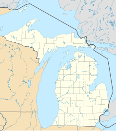 Mapa konturowa Michigan, blisko dolnej krawiędzi znajduje się punkt z opisem „Schoolcraft”