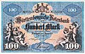 A württembergi Württembergische Notenbank 1911-es 100 márkás bankjegyének előoldala. Mérete: 158 x 102 mm.