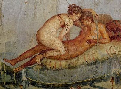 An intimate scene depicted in a wall painting in Pompeii (1st century A.D.) The woman is wearing a strophium, the ancient Roman equivalent of a modern-day brassière or a bikini top.