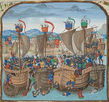 Seeschlacht von Sluis, Buchmalerei in den Chroniques des französischen Geschichtsschreibers Jean Froissart (um 1337 – um 1405)