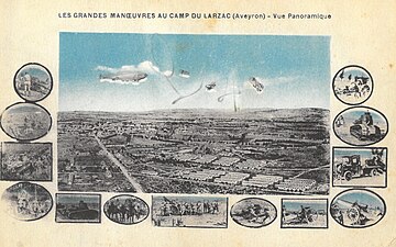 Panoramablick auf das Camp im Vordergrund und auf das links dahinterliegende La Cavalerie (Postkarte vom 4. August 1929)