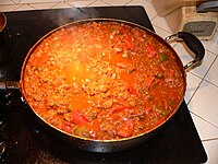 Chili con carne with meat, beans, and red peppers