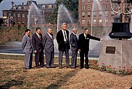 Roger E. Barrett Jr. (ctr), William Skinner II (2nd right), and Mayor Samuel Resnic (right) dedicate Holyoke Water Power Park with employees of the Holyoke Water Power Company, 1960[9]