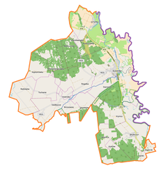 Mapa konturowa gminy Dubienka, blisko centrum na prawo znajduje się punkt z opisem „Dubienka, cerkiew”