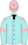 Pale blue, pink epaulets, armlets and cap