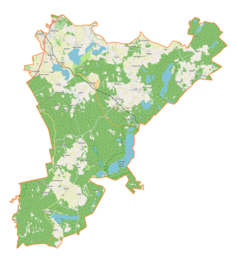 Mapa konturowa gminy Purda, u góry po lewej znajduje się owalna plamka nieco zaostrzona i wystająca na lewo w swoim dolnym rogu z opisem „Kukląg”