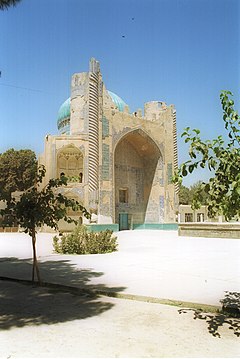 Ruins of the Green Mosque (Dari: مَسجدِ سَبز, romanized: Masjid-i Sabz) Pashto شین جومات romanized: |sheen Jumat}} [citation needed] named for its green-tiled Gonbad (Dari: گُنبَد, dome),[1] in July 2001