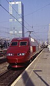 The South Tower seen from Brussels-South railway station in 1996, with a Thalys in the foreground