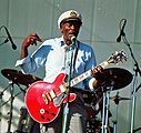 Music: Chuck Berry in concert, 1997. The development of black music into jazz and then rock and roll established US artists in the forefront of popularity worldwide.