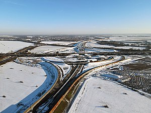 Luftbild des Autobahnknotens im Februar 2021, Blickrichtung Süd