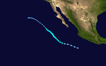 A track map of the path of a tropical storm off the Pacific coast of Mexico