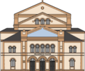 Strektegning/arkitekturtegning av Drammens Teater med farger.