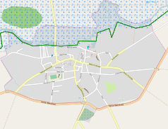 Mapa konturowa Goniądza, blisko centrum na dole znajduje się punkt z opisem „Parafia pw. św. Agnieszki w Goniądzu”