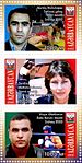 Drei Medaillengewinner von 2000 auf aserbaidschanischen Briefmarken: Namiq Abdullayev (o.) Silber 1996 und Gold 2000, Zemfira Meftahatdinowa (M.), Gold 2000 und Vüqar Ələkbərov (u.), Bronze 2000