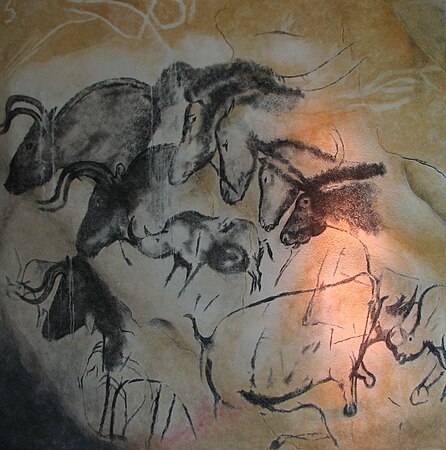 Chauvet-Höhle, räumlich wirkende Staffelung einer Gruppe von Tieren durch Überschneidung (zirka 31.000 B.P.)
