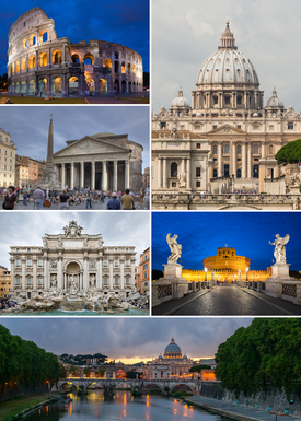 Sol üstten başlayarak saat yönünde: Kolezyum, Vittorio Emanuele II Abidesi, Sant'Angelo Kalesi, Aziz Petrus Bazilikası, Aşk Çeşmesi, Roma Cumhuriyet Meydanı