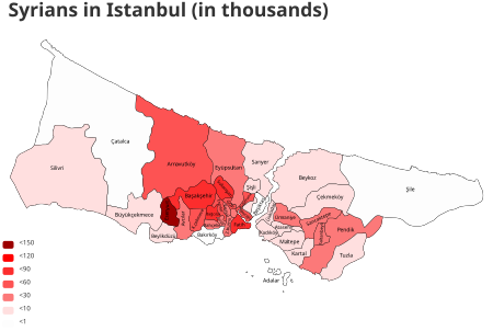 İstanbul'da ilçelere göre kayıtlı Suriyeli nüfus dağılımı (bin kişi).