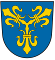 Markt Massing In Blau drei deichselförmig gestellte, zusammenhängende goldene heraldische Lilien.