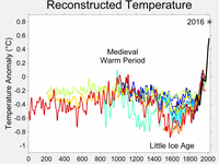 Die Entwicklung der globalen Durchschnittstemperatur während der letzten 2.000 Jahre