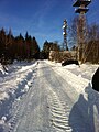 Wirtschaftsweg auf der Gipfelregion mit Türmen des Senders Breitsol (Blick nordnordostwärts; 2015)