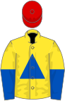 Yellow, royal blue triangle, halved sleeves, red cap