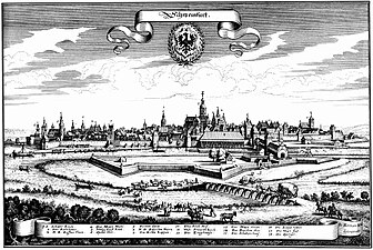 Stadtansicht von Matthäus Merian am Ende des Dreißigjährigen Kriegs, in dem die Stadt nahezu unversehrt blieb (1648)