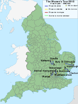 Routekaart van de The Women's Tour 2015