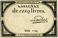 A Francia Köztársaság 5 livre címletű asszignáta papírpénze 1793-ból.