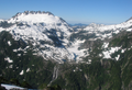 Nine Peaks (left), Della Lake (center) and Della Falls (bottom center), viewed from the East near Love Lake