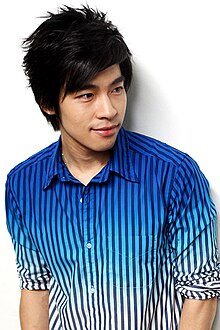 a shirt with narrow vertical black stripes, the strips in-between shading froom dark blue at the shoulders to white at the waist and cuffs.