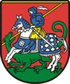 Stadt Bad Aibling In Rot auf grünem Boden der heilige Georg in blauer Rüstung auf silbernem Pferd, mit der goldenen Lanze den grünen Lindwurm durchbohrend.