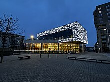 Entrance to Thamesmead Library from Cygnet Square, Abbey Wood, SE2, London, at Dusk. Photo: James O'Leary