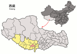 Location of Sa'gya County (red) within Shigatse City (yellow) and the Tibet AR