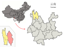 Location of Shangri-La (pink) in Diqing Tibetan Autonomous Prefecture (yellow) within Yunnan