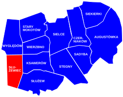 Location of Służewiec within the district of Mokotów, in accordance to the Municipal Information System.