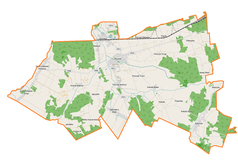 Mapa konturowa gminy Piszczac, blisko centrum po prawej na dole znajduje się punkt z opisem „Kościół Trójcy Świętej”