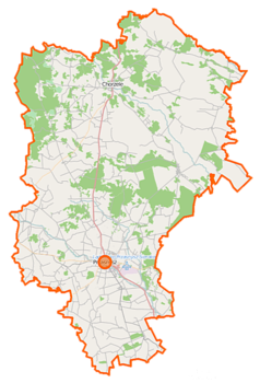 Mapa konturowa powiatu przasnyskiego, blisko centrum na lewo u góry znajduje się punkt z opisem „Krzynowłoga Wielka”