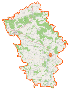 Mapa konturowa powiatu węgrowskiego, na dole znajduje się punkt z opisem „Polków-Sagały”