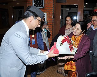 Udaya Rana Receiving Sushma Swaraj at Tribhuvan International airport in Kathmandu, Nepal